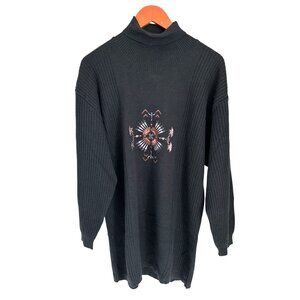 Vintage Bogner Black Ribbed Turtleneck Sweater Ski Outdoor Tribal Embroidery